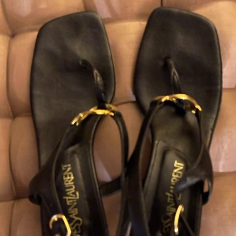 Yves Saint Laurent black leather heeled sandals with gold detail; size 8.5